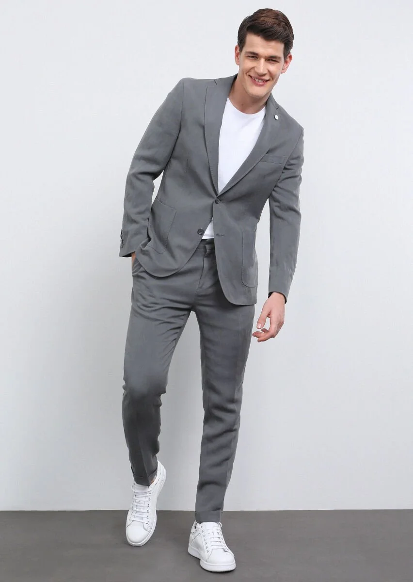 Gri Düz Shirt Shoulder Slim Fit Keten Karışımlı Takım Elbise - 3
