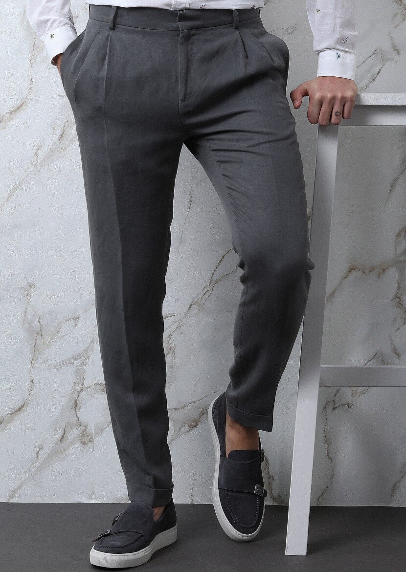 Gri Düz Shirt Shoulder Slim Fit Keten Karışımlı Takım Elbise - 5