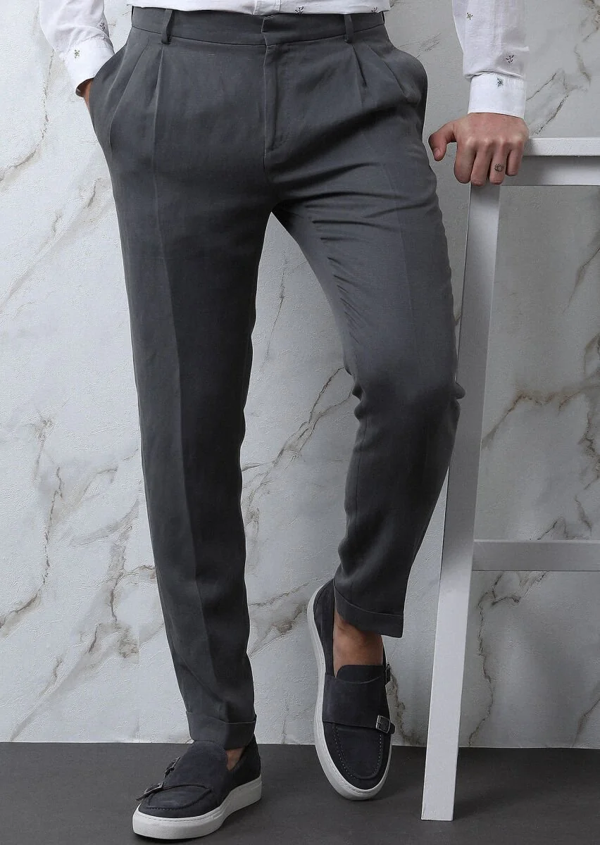 Gri Düz Shirt Shoulder Slim Fit Keten Karışımlı Takım Elbise - 5