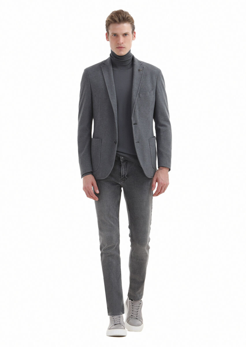 Gri Düz Shirt Shoulder Slim Fit Pamuk Karışımlı Örme Ceket - 1