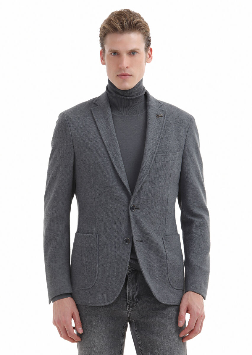 Gri Düz Shirt Shoulder Slim Fit Pamuk Karışımlı Örme Ceket - 2