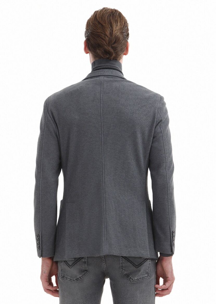Gri Düz Shirt Shoulder Slim Fit Pamuk Karışımlı Örme Ceket - 3