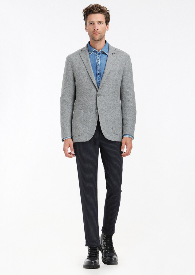 Gri Düz Shirt Shoulder Slim Fit Yün Karışımlı Örme Ceket 