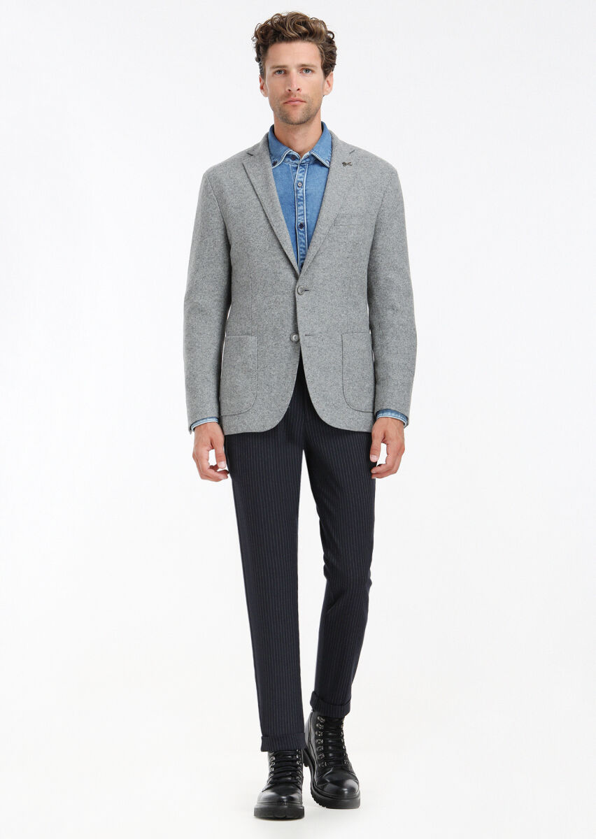 Gri Düz Shirt Shoulder Slim Fit Yün Karışımlı Örme Ceket - 1