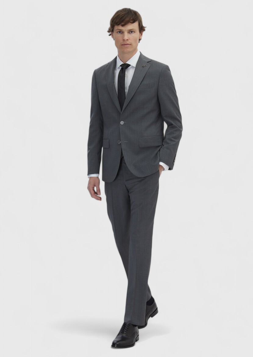 Gri Düz Slim Fit %100 Yün Takım Elbise - 3