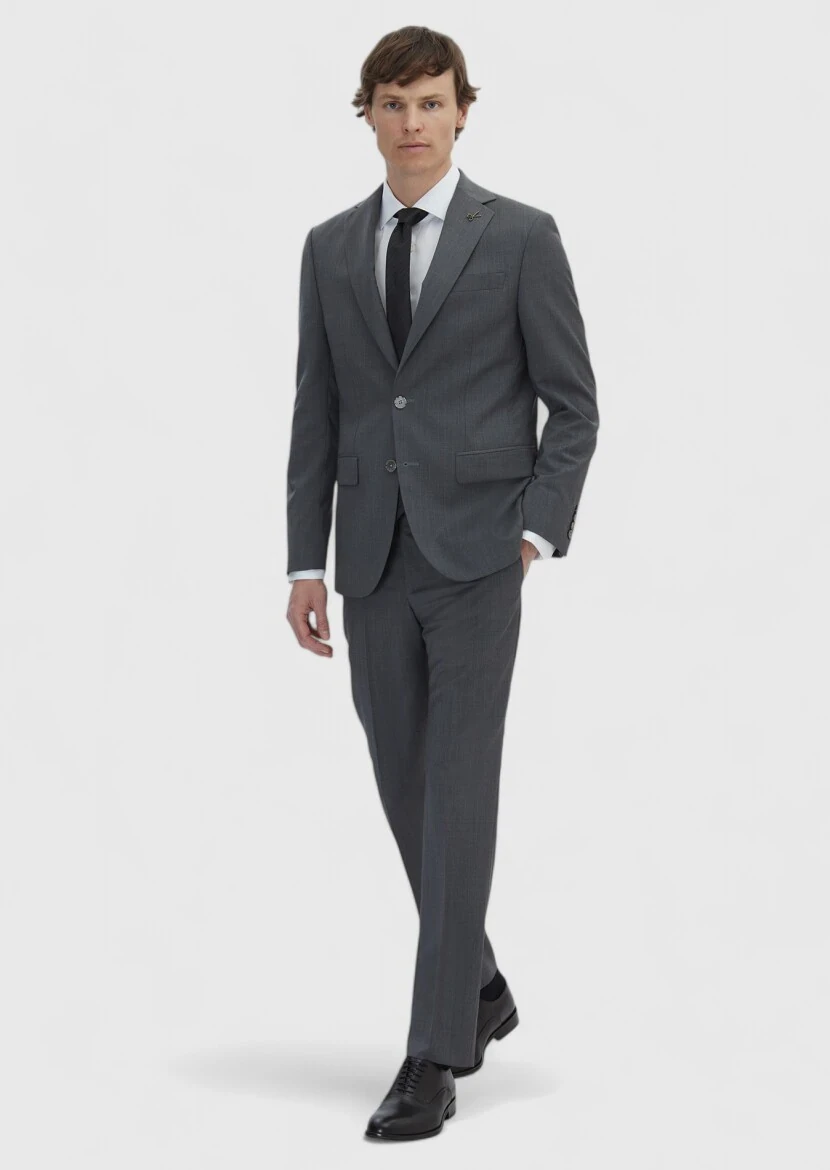 Gri Düz Slim Fit %100 Yün Takım Elbise - 3