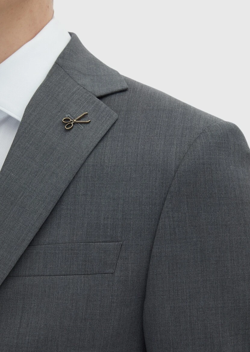 Gri Düz Slim Fit %100 Yün Takım Elbise - 5