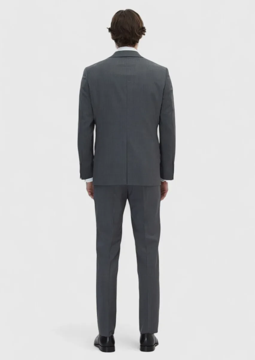 Gri Düz Slim Fit %100 Yün Takım Elbise - 6
