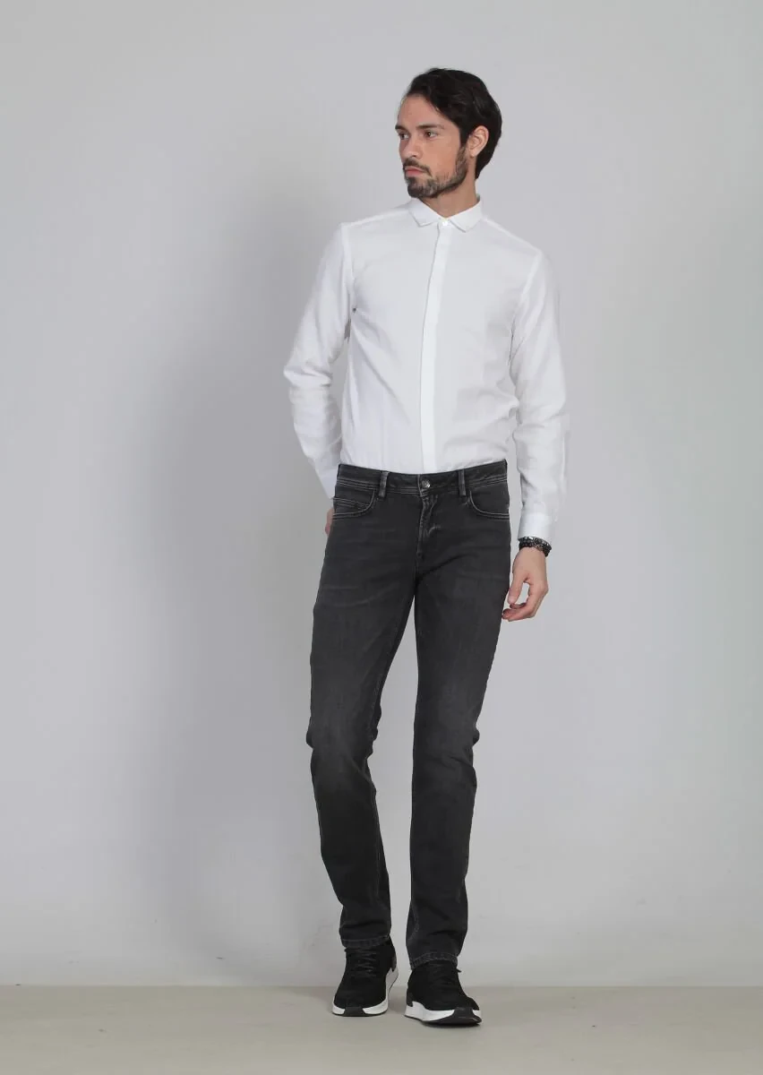 Gri Düz Slim Fit Denim Pamuk Karışımlı Pantolon - 1