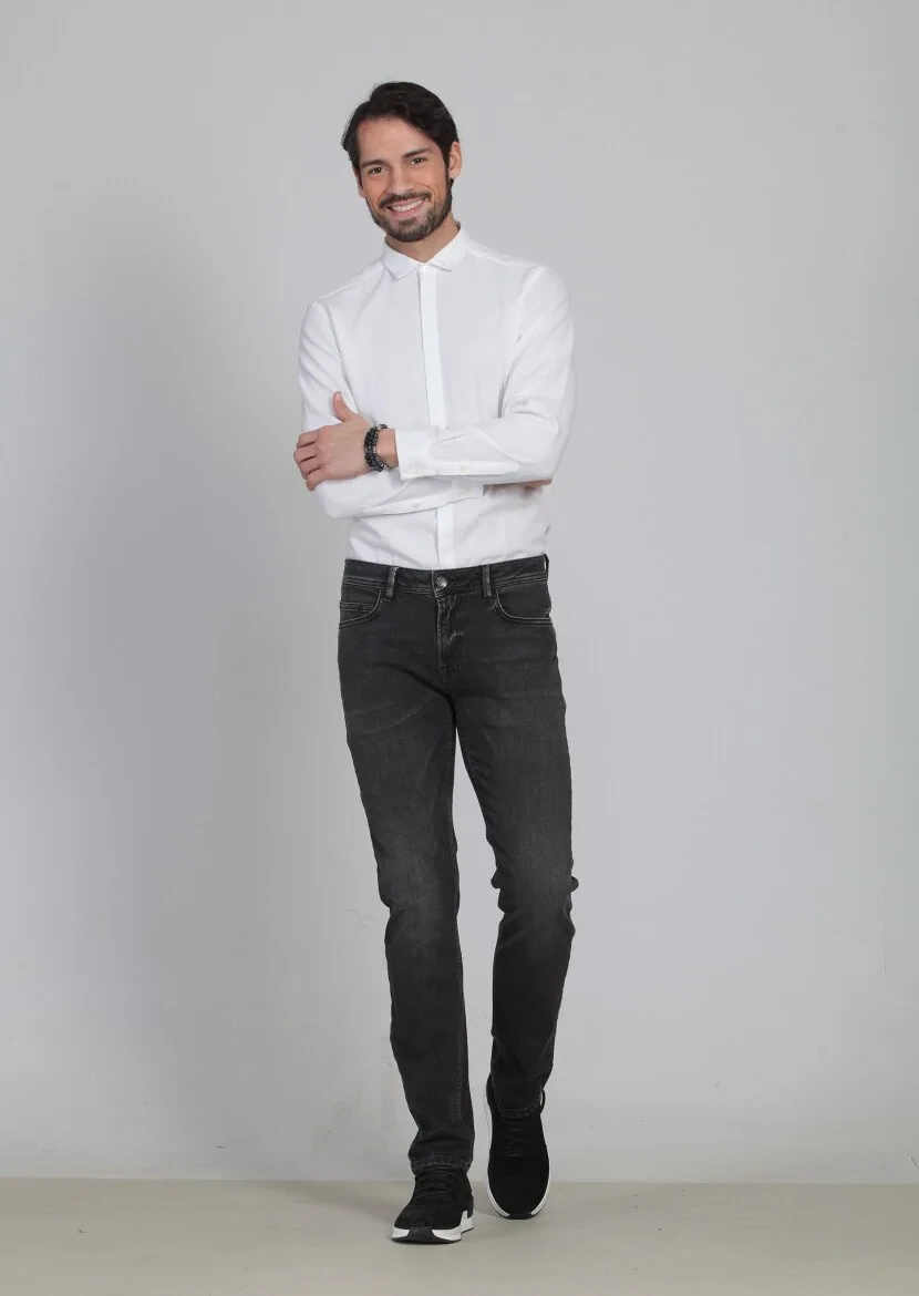 Gri Düz Slim Fit Denim Pamuk Karışımlı Pantolon - 2