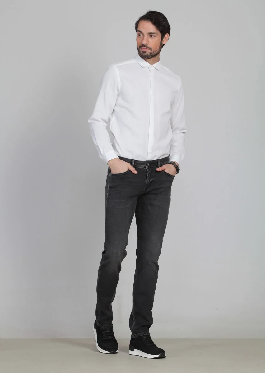 Gri Düz Slim Fit Denim Pamuk Karışımlı Pantolon - 3