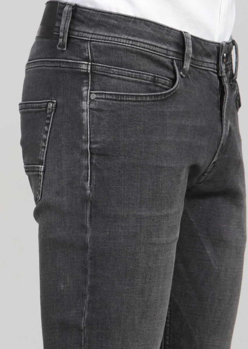 Gri Düz Slim Fit Denim Pamuk Karışımlı Pantolon - 4