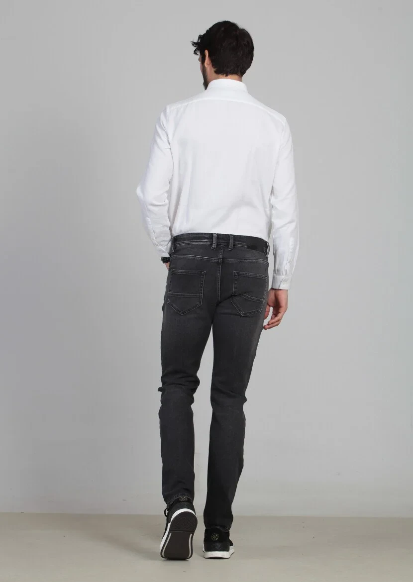 Gri Düz Slim Fit Denim Pamuk Karışımlı Pantolon - 5
