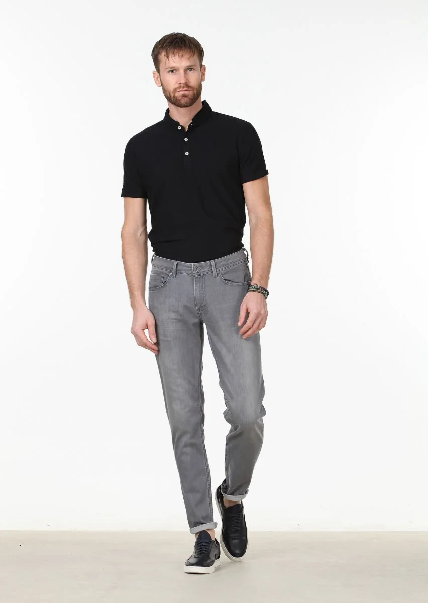 Gri Düz Slim Fit Denim Pamuk Karışımlı Pantolon - 1