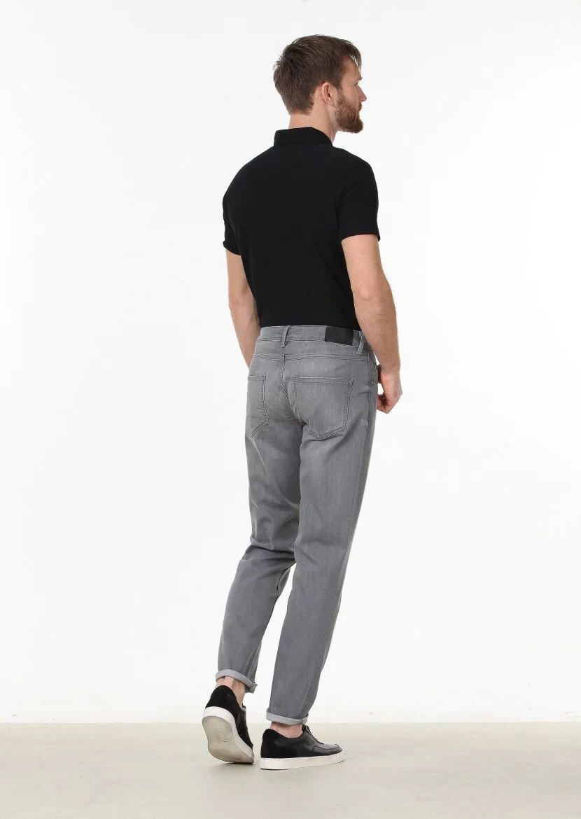 Gri Düz Slim Fit Denim Pamuk Karışımlı Pantolon - 4