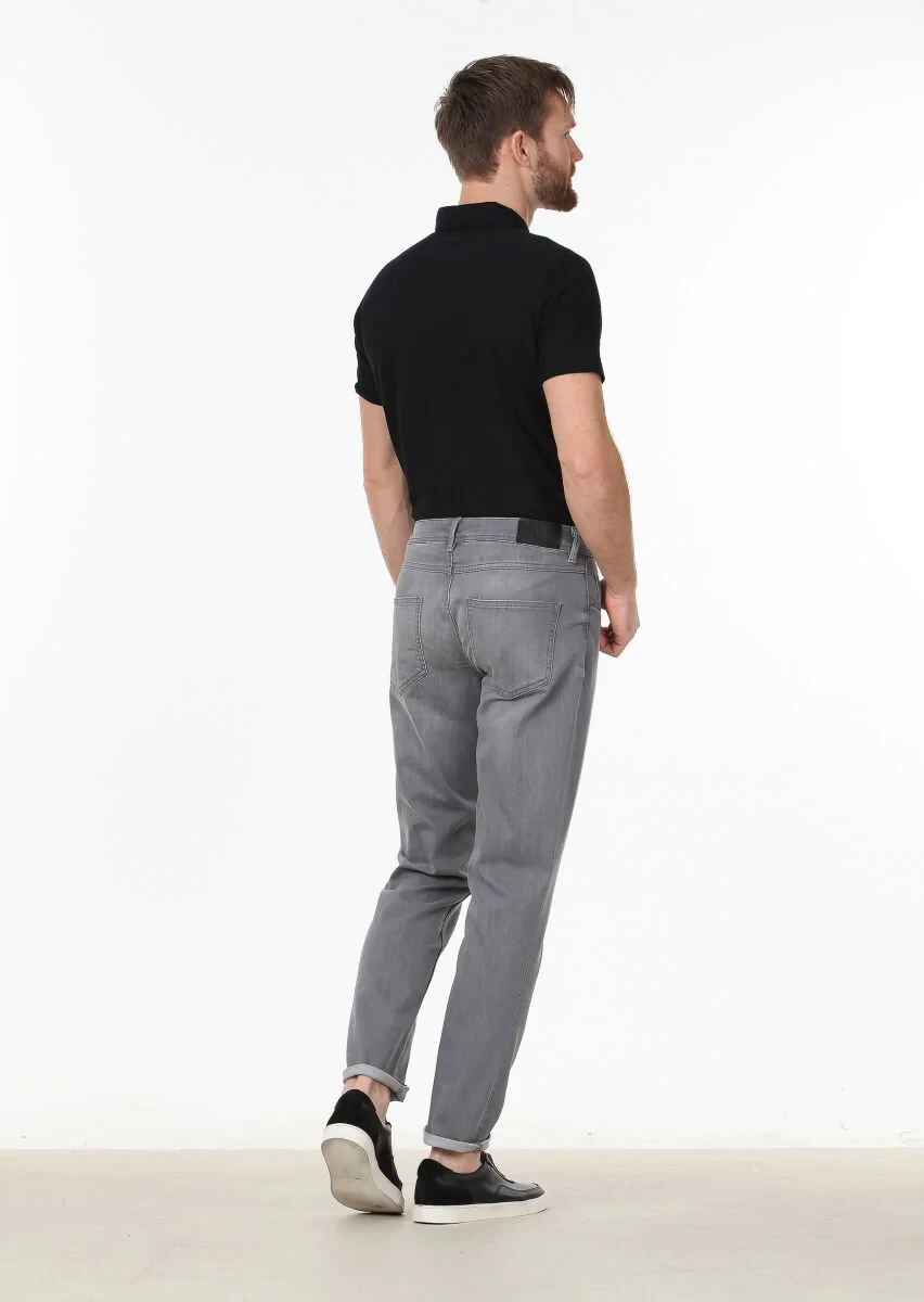 Gri Düz Slim Fit Denim Pamuk Karışımlı Pantolon - 4