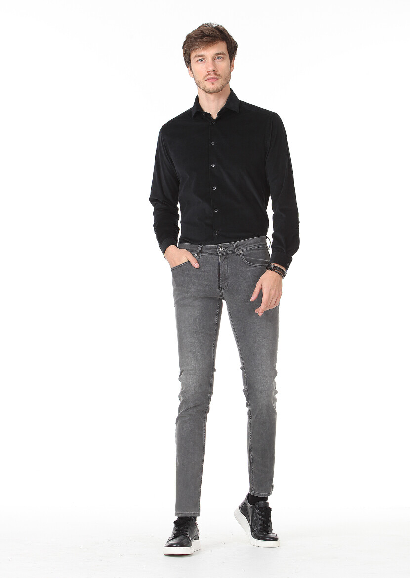 Gri Düz Slim Fit Denim Pamuk Karışımlı Pantolon - 1