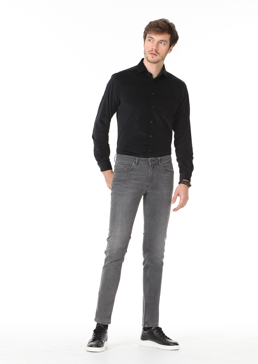 Gri Düz Slim Fit Denim Pamuk Karışımlı Pantolon - 2