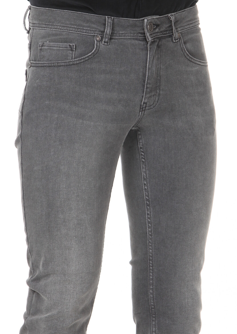 Gri Düz Slim Fit Denim Pamuk Karışımlı Pantolon - 3