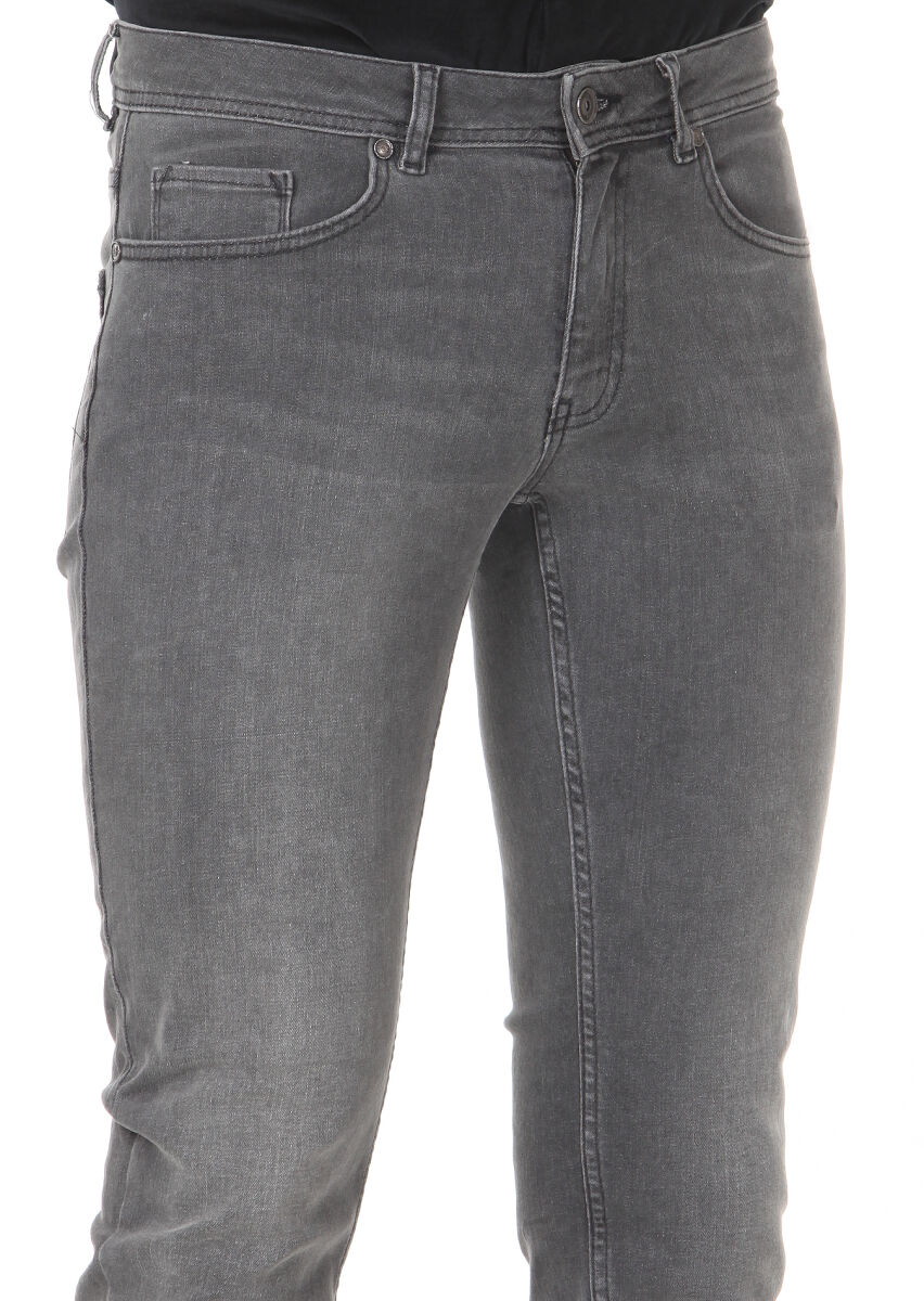 Gri Düz Slim Fit Denim Pamuk Karışımlı Pantolon - 3