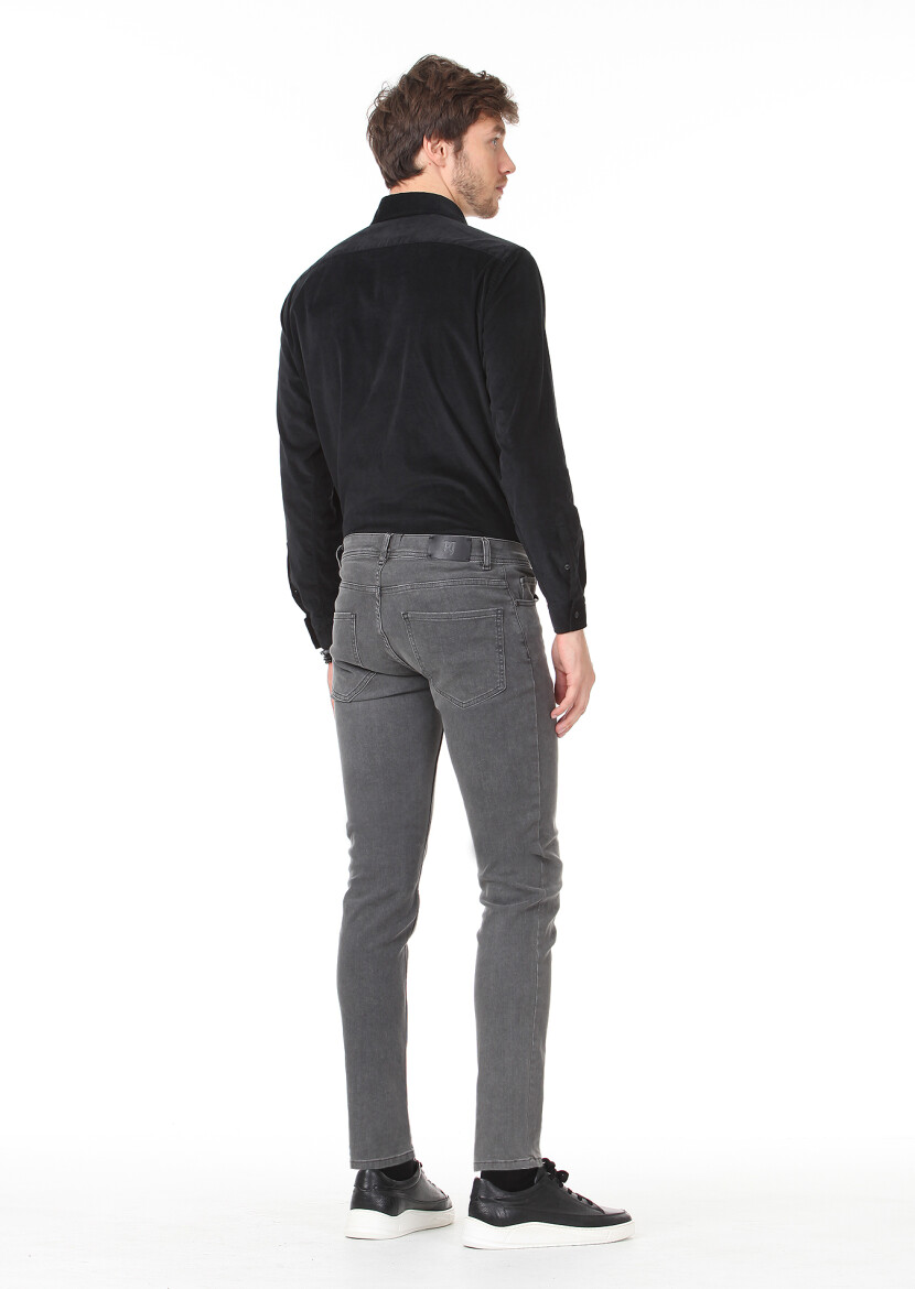 Gri Düz Slim Fit Denim Pamuk Karışımlı Pantolon - 4
