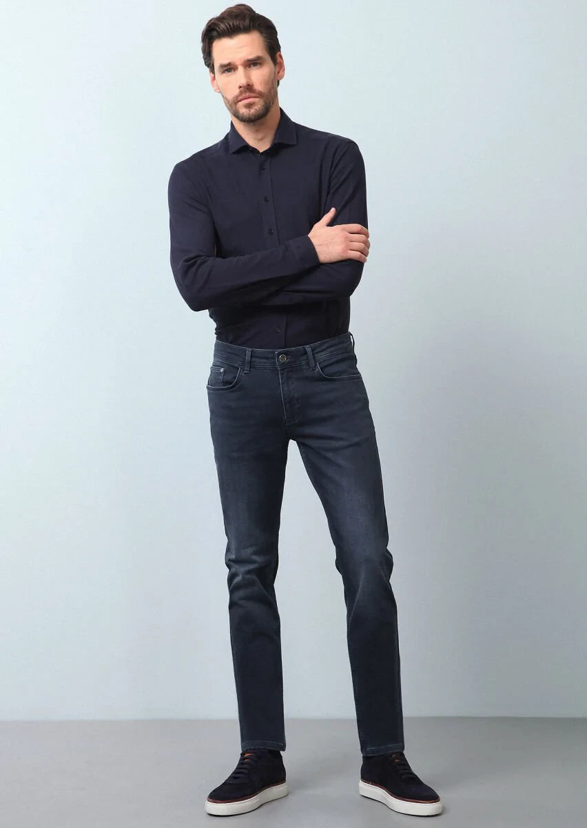 Gri Düz Slim Fit Denim Pamuk Karışımlı Pantolon - 2