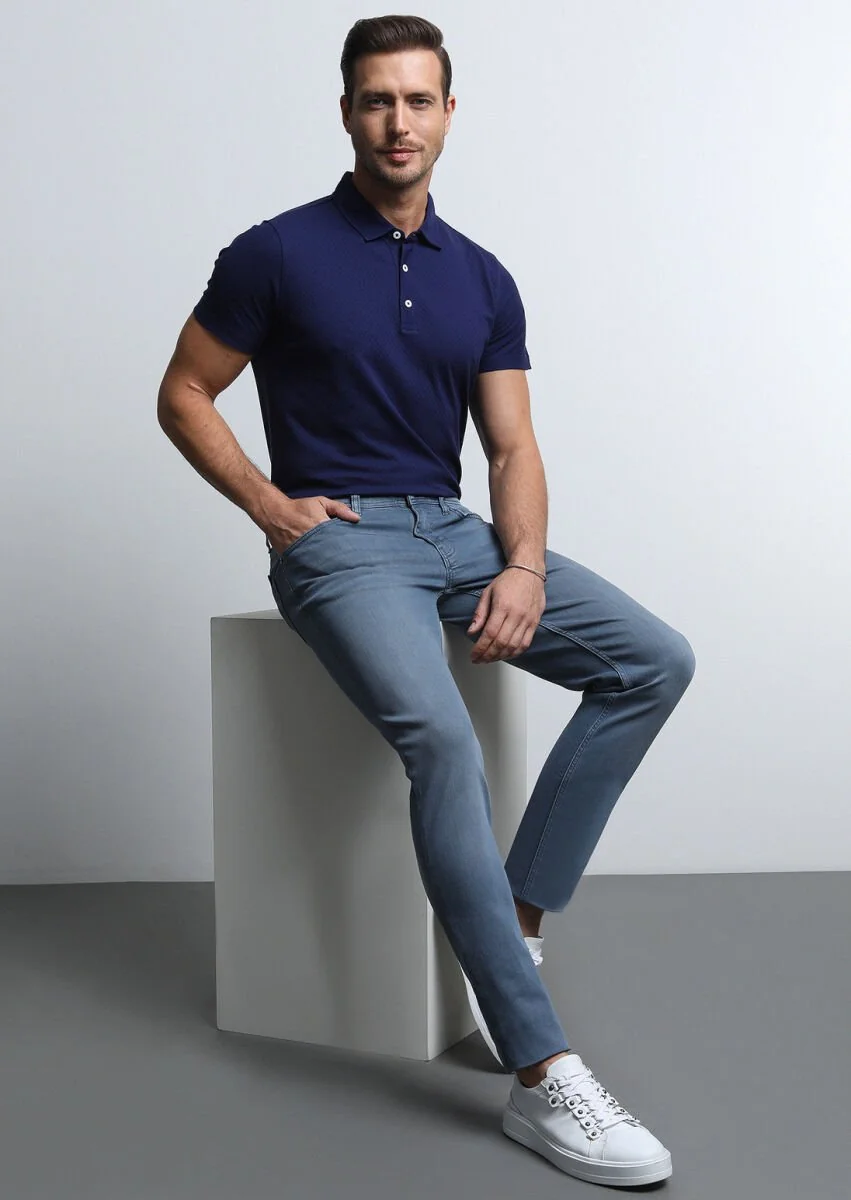 Gri Düz Slim Fit Denim Pamuk Karışımlı Pantolon - 1