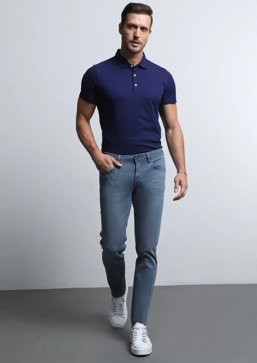 Gri Düz Slim Fit Denim Pamuk Karışımlı Pantolon - 4