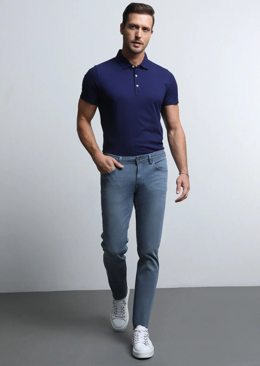 Gri Düz Slim Fit Denim Pamuk Karışımlı Pantolon - 4