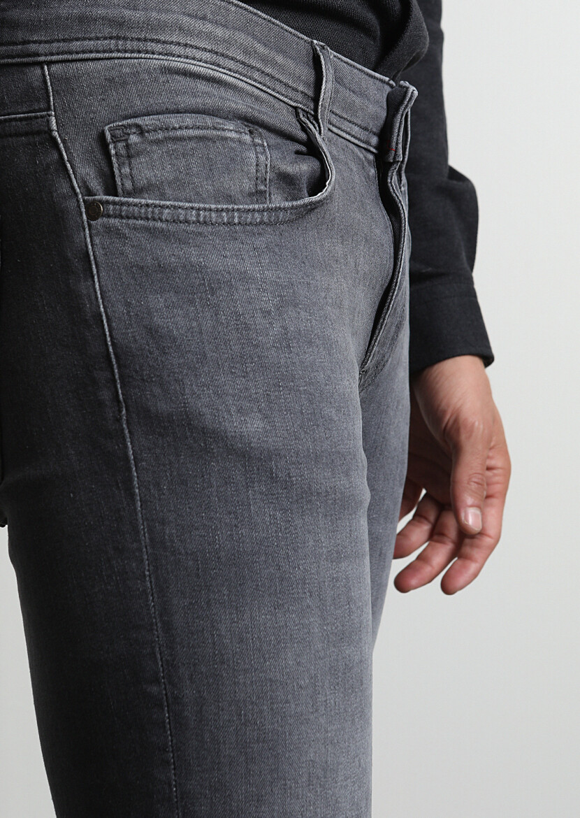 Gri Düz Slim Fit Denim Pamuk Karışımlı Pantolon - 3
