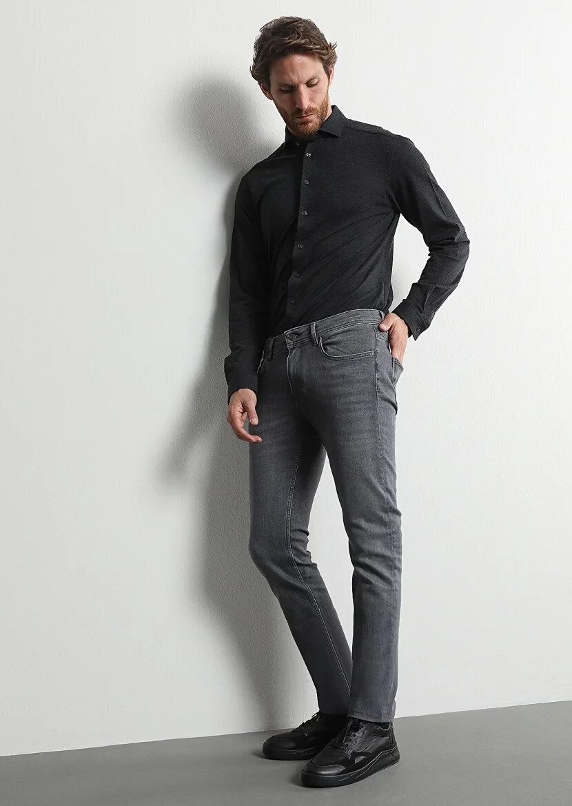 Gri Düz Slim Fit Denim Pamuk Karışımlı Pantolon - 1