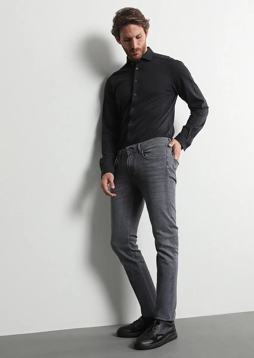Gri Düz Slim Fit Denim Pamuk Karışımlı Pantolon - 1