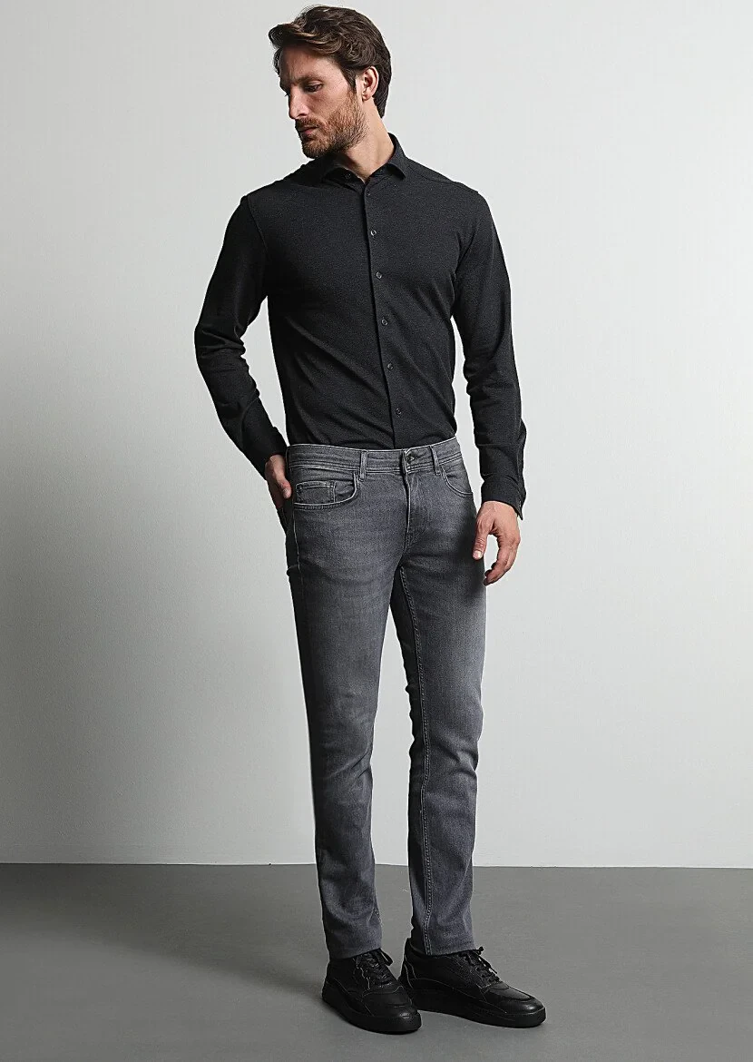 Gri Düz Slim Fit Denim Pamuk Karışımlı Pantolon - 2