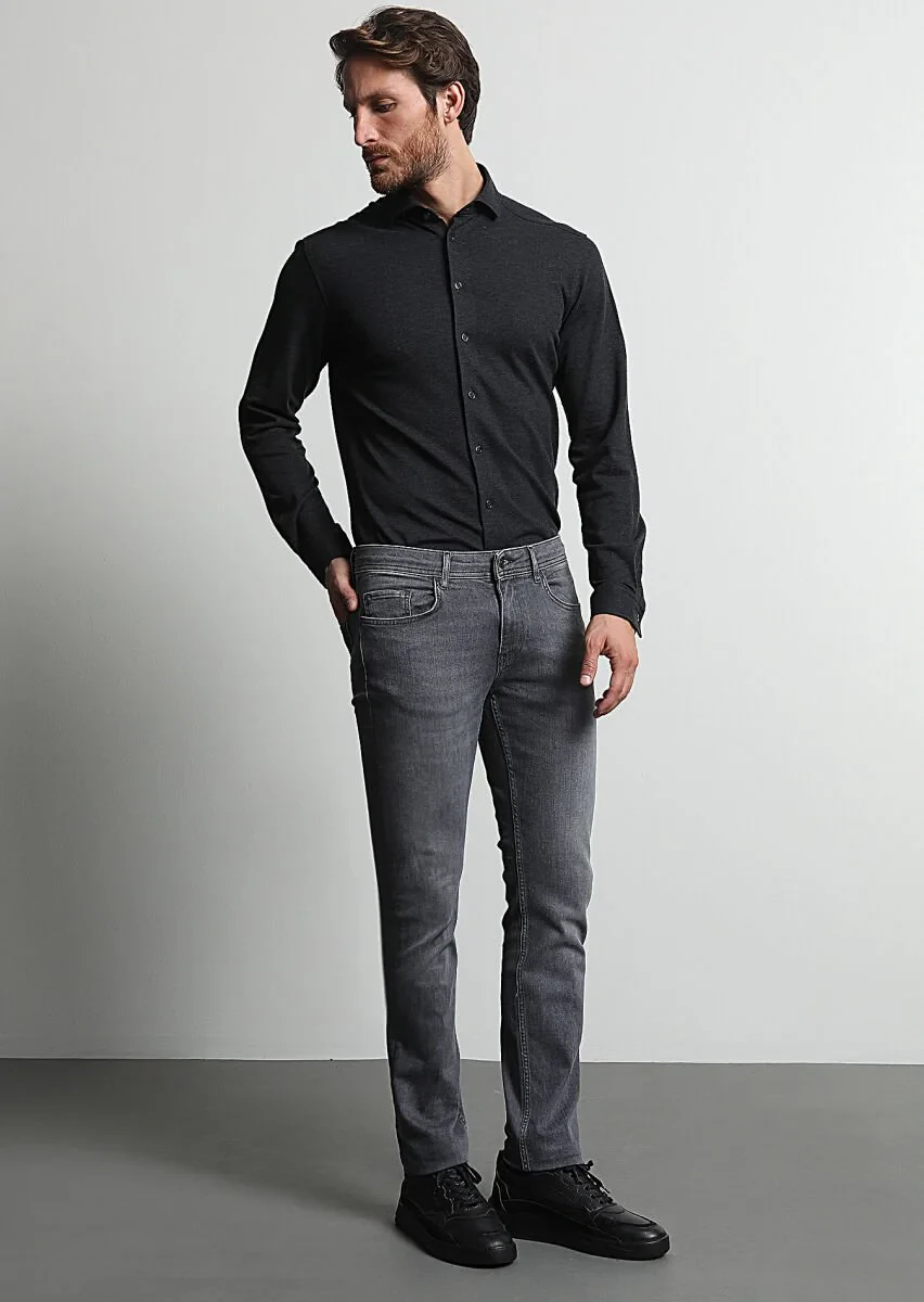 Gri Düz Slim Fit Denim Pamuk Karışımlı Pantolon - 2