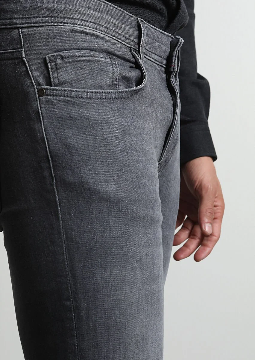 Gri Düz Slim Fit Denim Pamuk Karışımlı Pantolon - 3