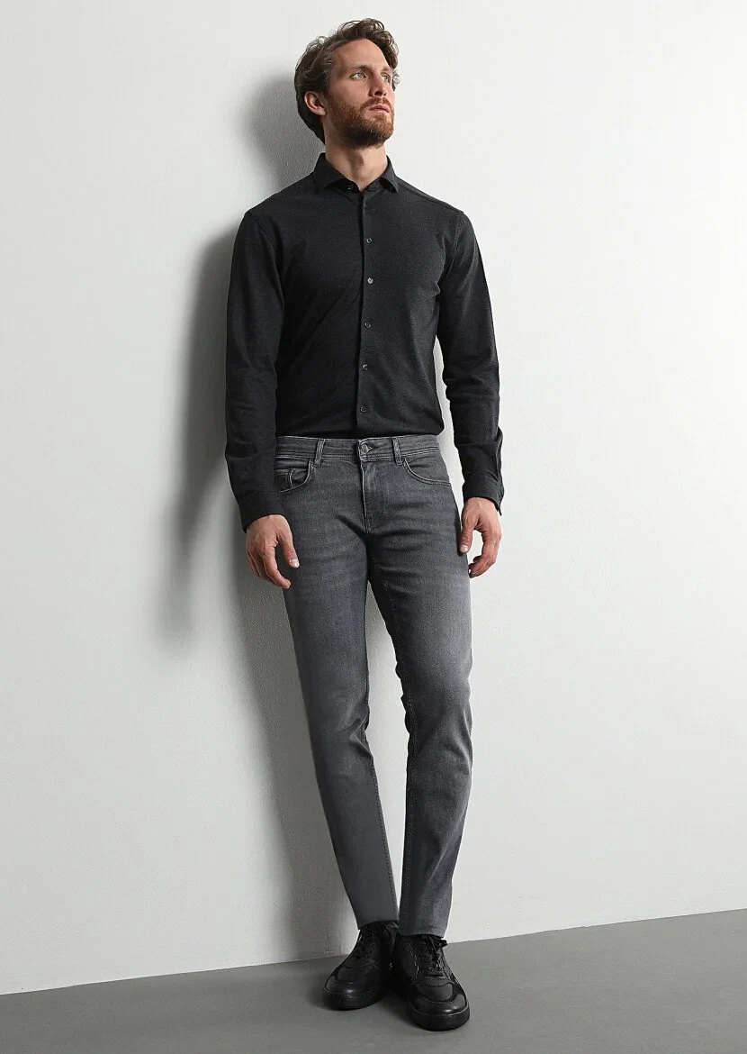 Gri Düz Slim Fit Denim Pamuk Karışımlı Pantolon - 4