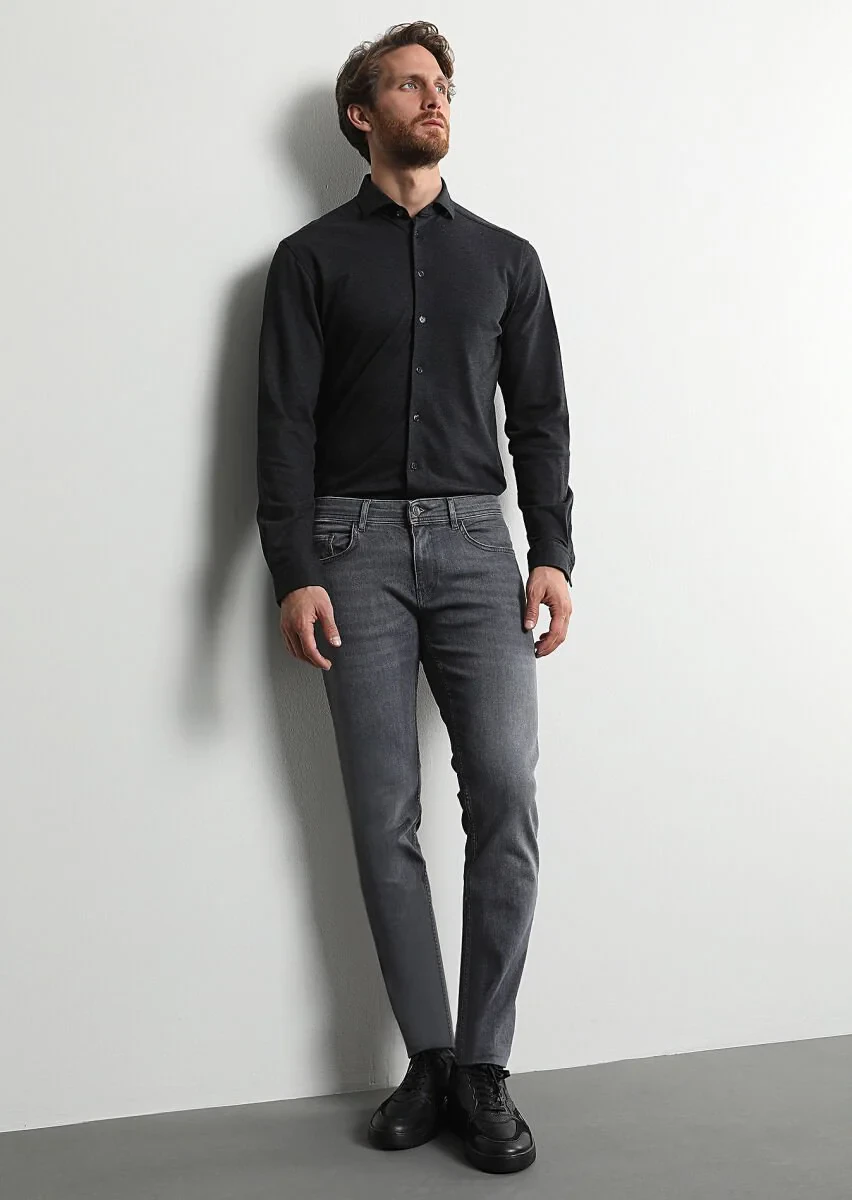 Gri Düz Slim Fit Denim Pamuk Karışımlı Pantolon - 4