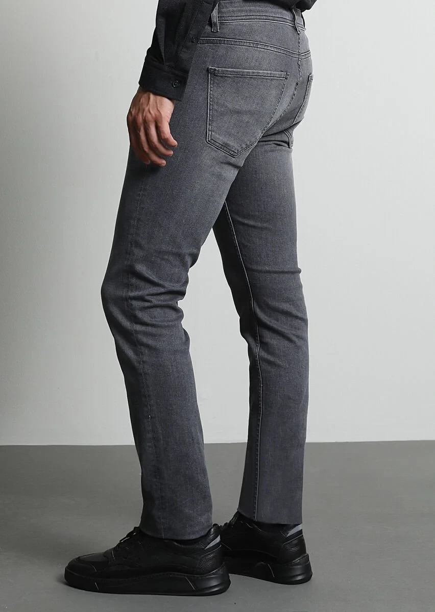 Gri Düz Slim Fit Denim Pamuk Karışımlı Pantolon - 5