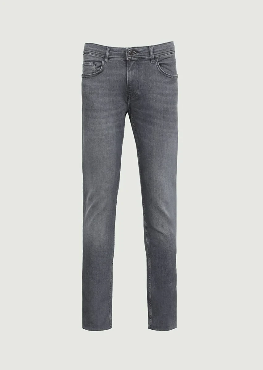 Gri Düz Slim Fit Denim Pamuk Karışımlı Pantolon - 6
