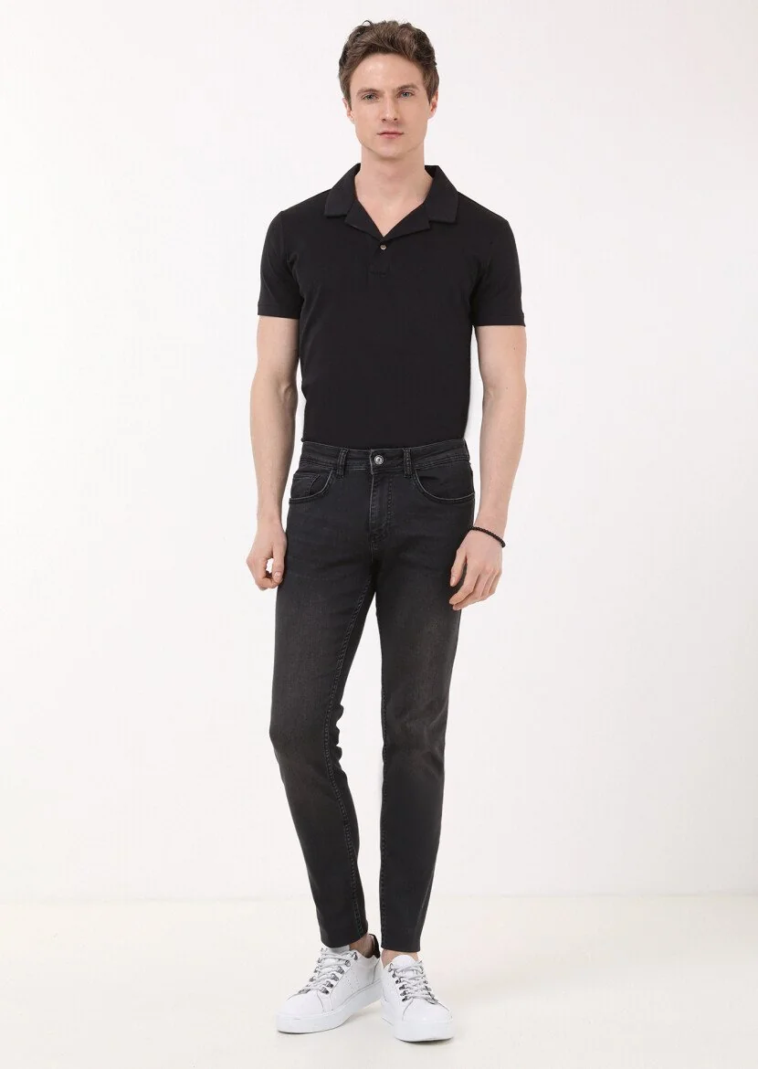 Gri Düz Slim Fit Denim Pamuk Karışımlı Pantolon - 1