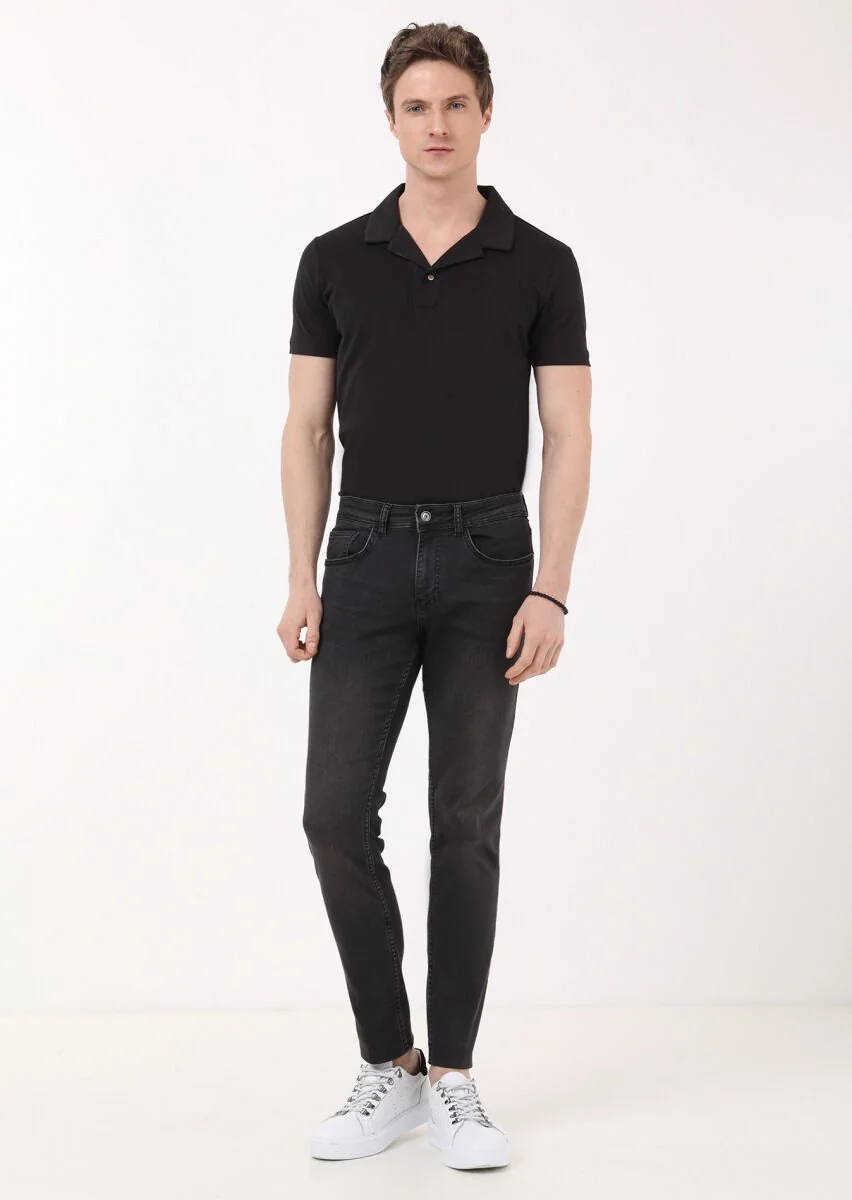 Gri Düz Slim Fit Denim Pamuk Karışımlı Pantolon - 1