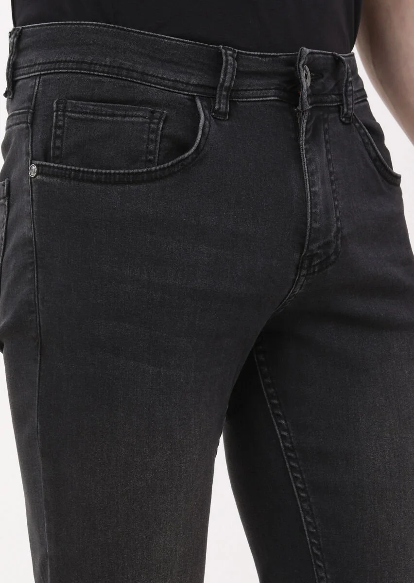 Gri Düz Slim Fit Denim Pamuk Karışımlı Pantolon - 2