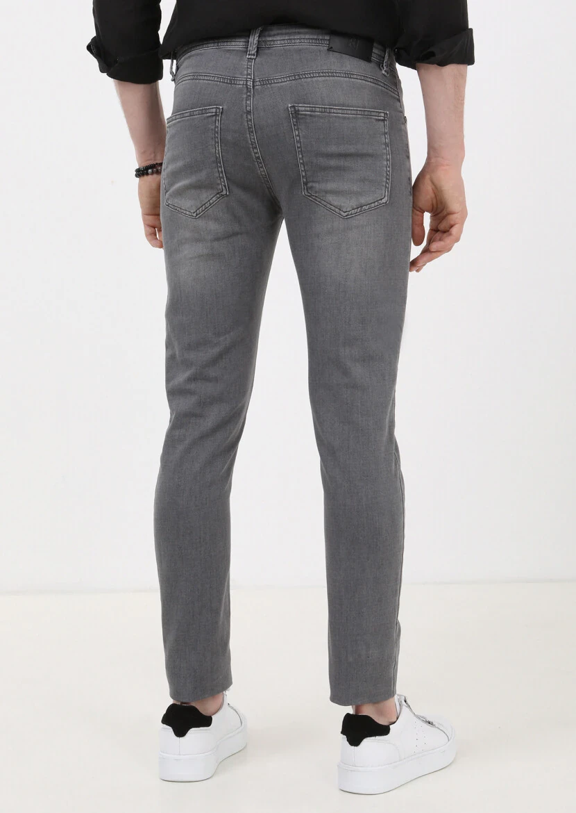 Gri Düz Slim Fit Denim Pamuk Karışımlı Pantolon - 4
