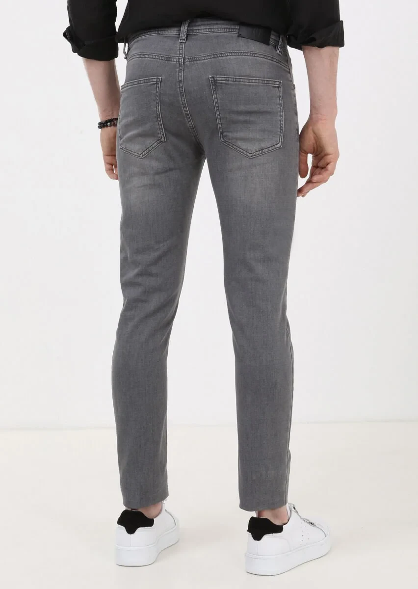 Gri Düz Slim Fit Denim Pamuk Karışımlı Pantolon - 4