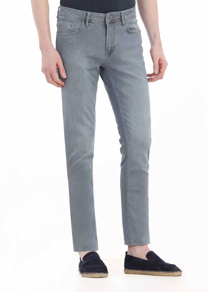 Gri Düz Slim Fit Denim Pamuk Karışımlı Pantolon - 2