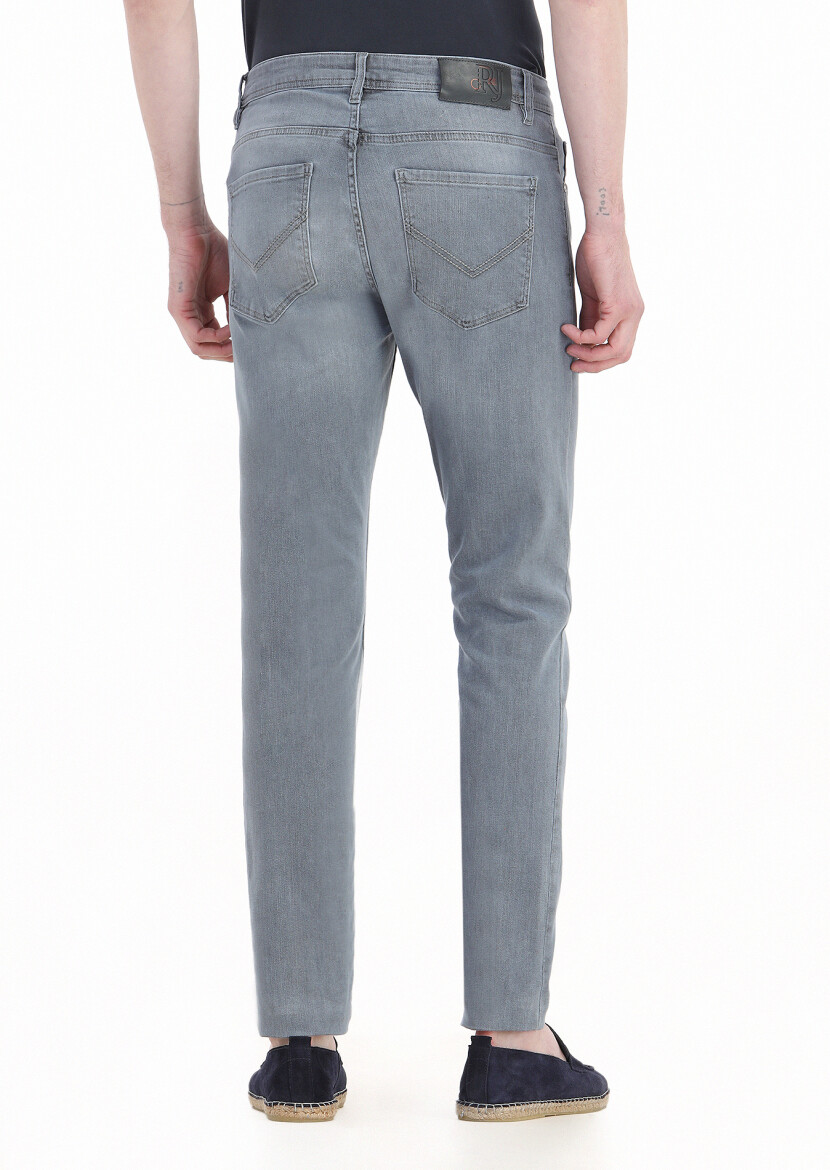 Gri Düz Slim Fit Denim Pamuk Karışımlı Pantolon - 3