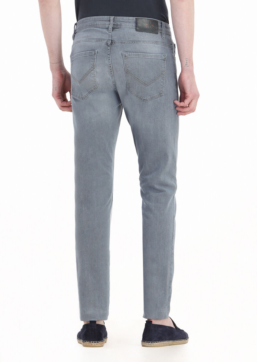 Gri Düz Slim Fit Denim Pamuk Karışımlı Pantolon - 3