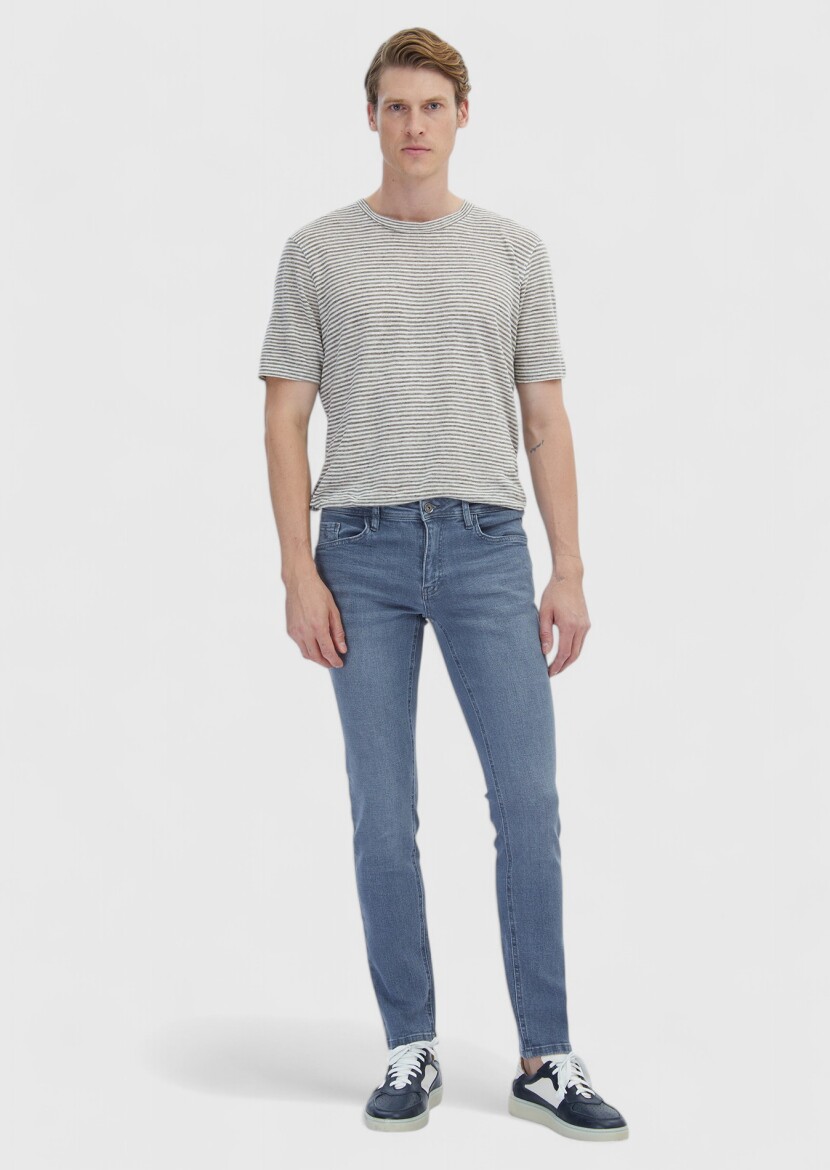 Gri Düz Slim Fit Denim Pamuk Karışımlı Pantolon 