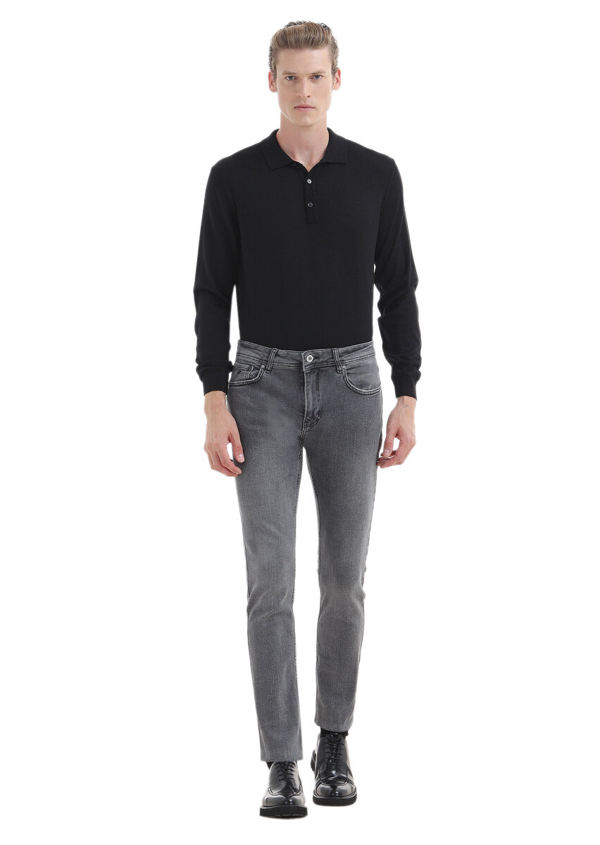 Gri Düz Slim Fit Denim Pamuk Karışımlı Pantolon - 1