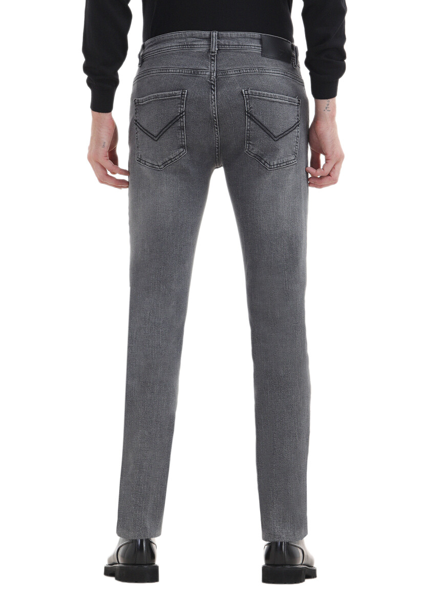 Gri Düz Slim Fit Denim Pamuk Karışımlı Pantolon - 3